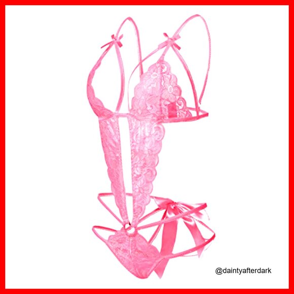 Deep V Lace Teddy with Strappy Detail and Hook Back Closure - Picture 2 of 6